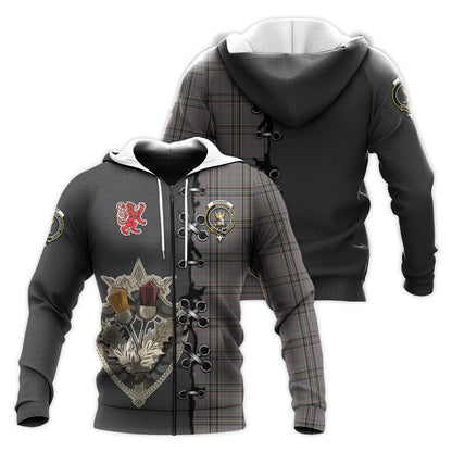 Printivon Stewart Grey Tartan Hoodie Lion Rampant And Celtic Thistle Style