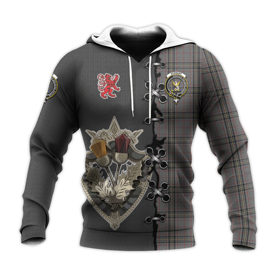 Printivon Stewart Grey Tartan Hoodie Lion Rampant And Celtic Thistle Style