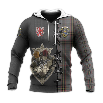 Printivon Stewart Grey Tartan Hoodie Lion Rampant And Celtic Thistle Style