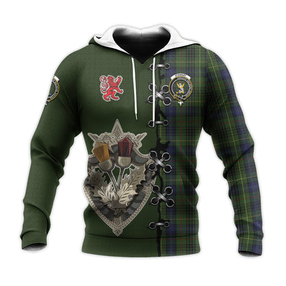 Printivon Stewart Hunting Tartan Hoodie Lion Rampant And Celtic Thistle Style