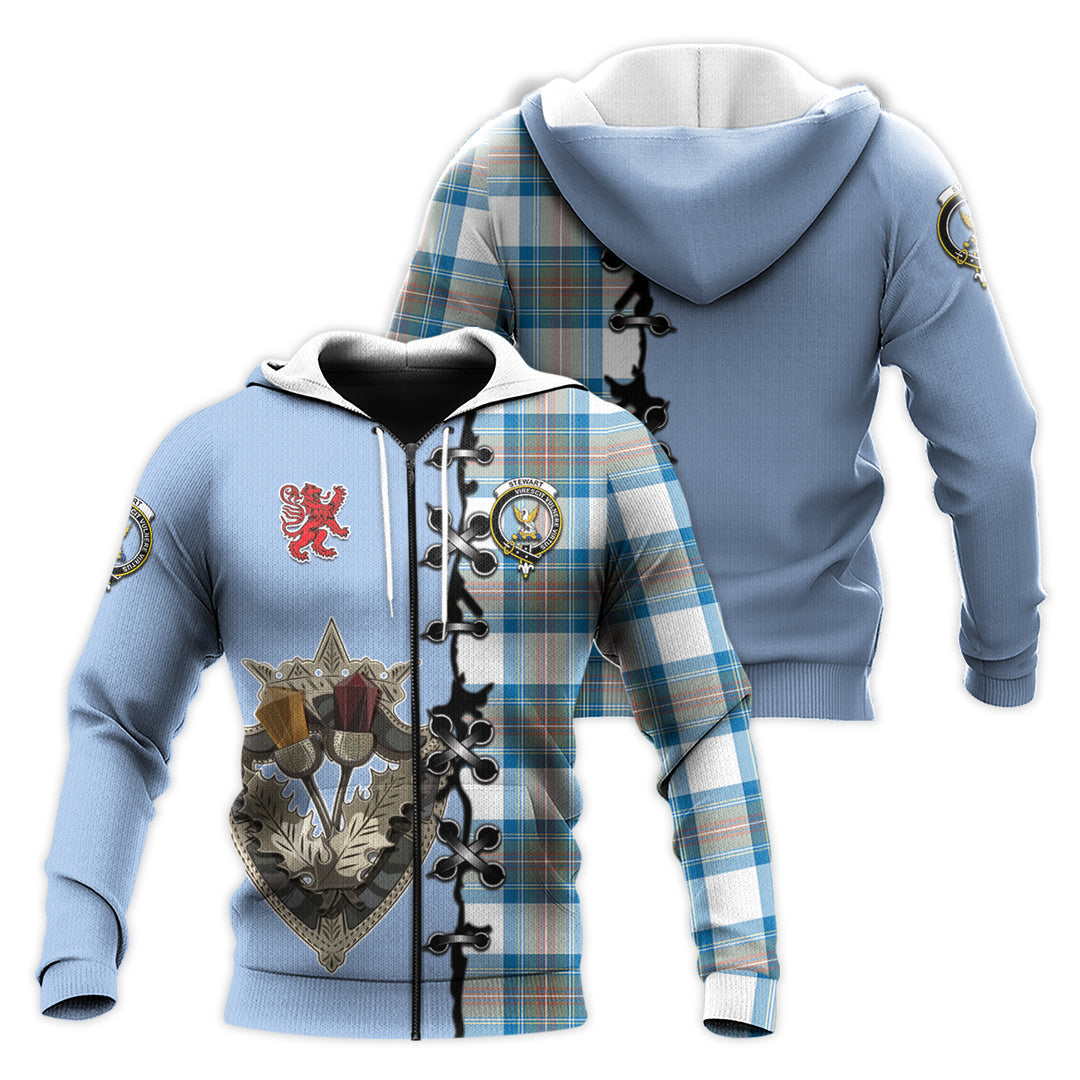 Printivon Stewart Muted Blue Tartan Hoodie Lion Rampant And Celtic Thistle Style