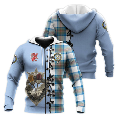 Printivon Stewart Muted Blue Tartan Hoodie Lion Rampant And Celtic Thistle Style