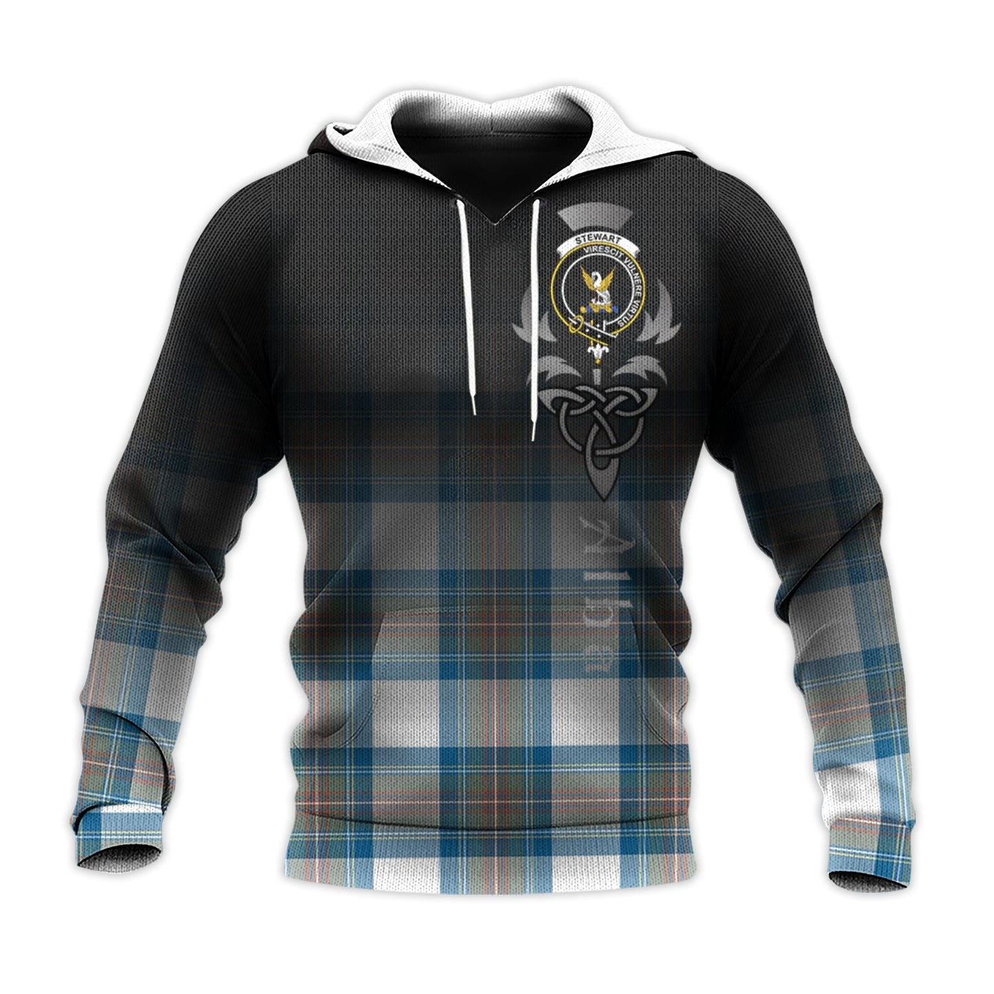 Printivon Stewart Muted Blue Tartan Crest Alba Celtic Hoodie