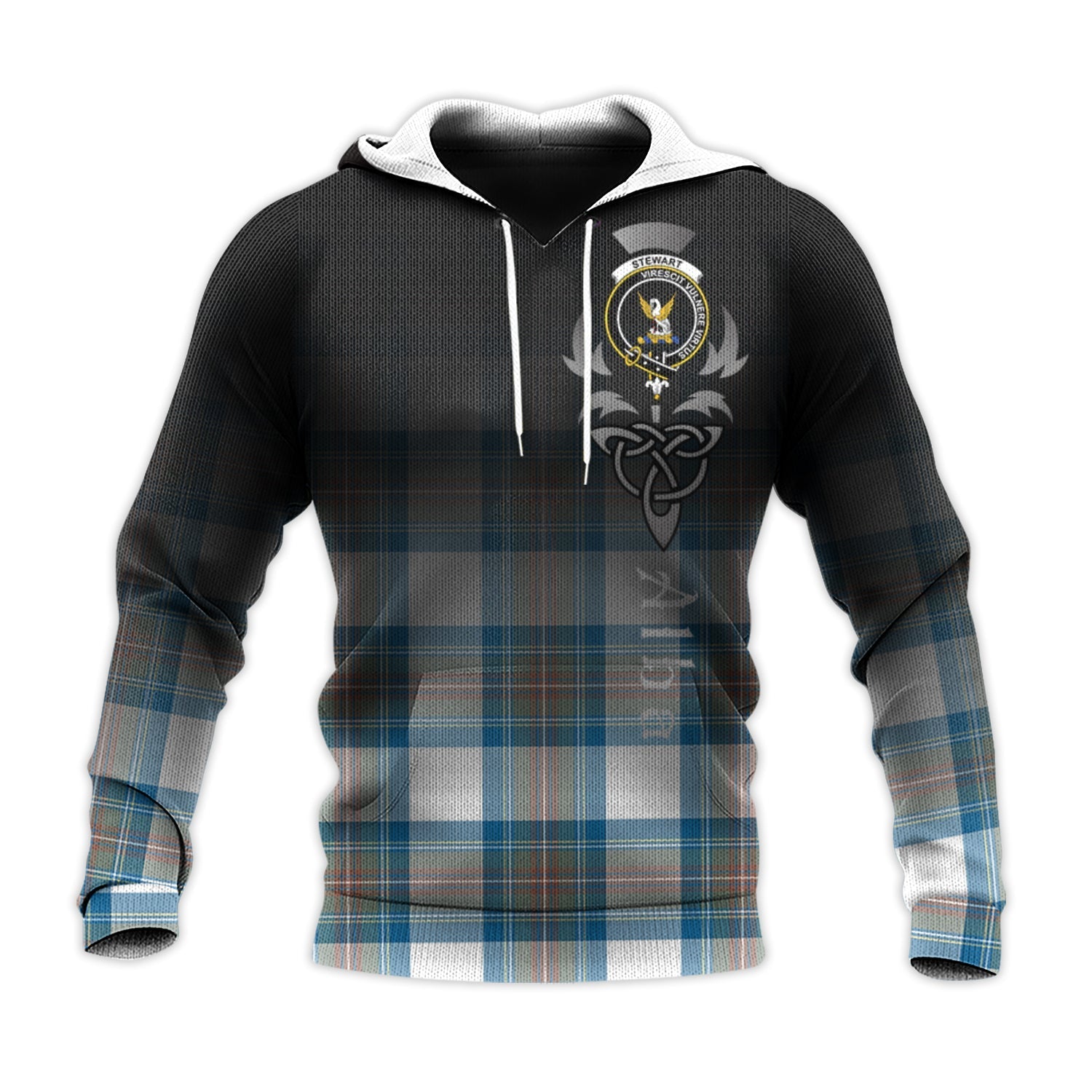 Printivon Stewart Muted Blue Tartan Crest Alba Celtic Hoodie