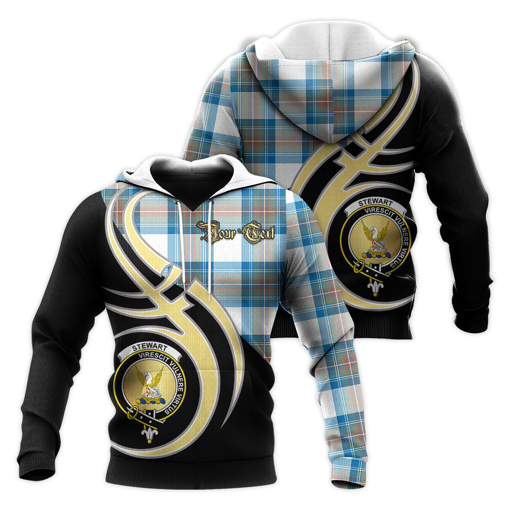 Printivon Stewart Muted Blue Clan Believe In Me Crest Tartan Knitted Hoodie Custom Your Text
