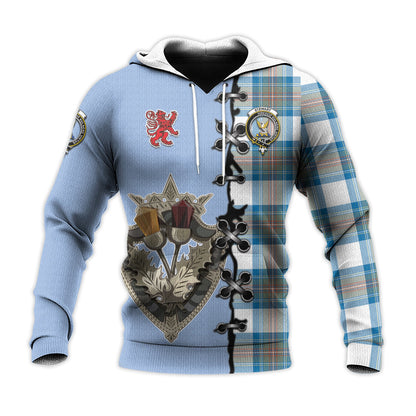 Printivon Stewart Muted Blue Tartan Hoodie Lion Rampant And Celtic Thistle Style
