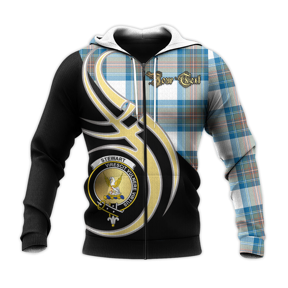 Printivon Stewart Muted Blue Clan Believe In Me Crest Tartan Knitted Hoodie Custom Your Text