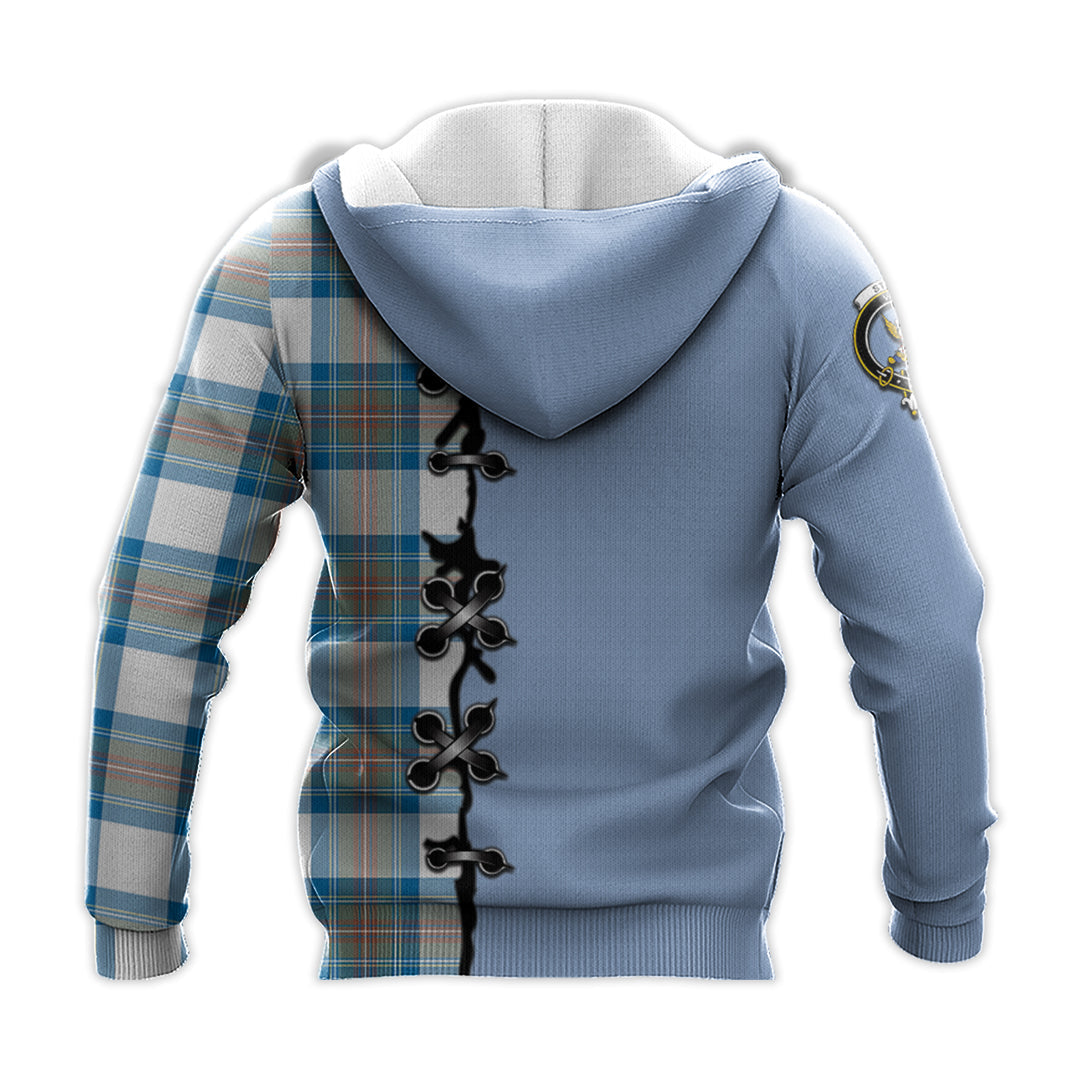 Printivon Stewart Muted Blue Tartan Hoodie Lion Rampant And Celtic Thistle Style