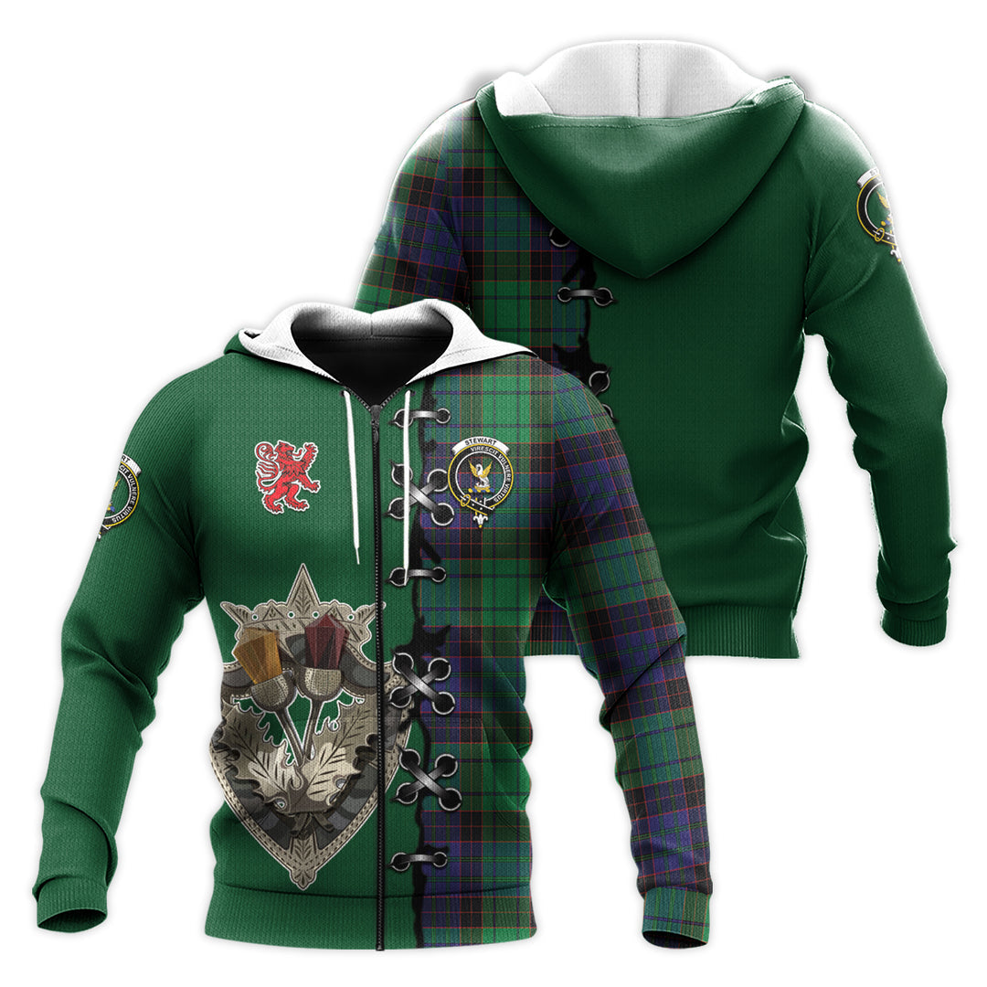 Printivon Stewart Old Modern Tartan Hoodie Lion Rampant And Celtic Thistle Style