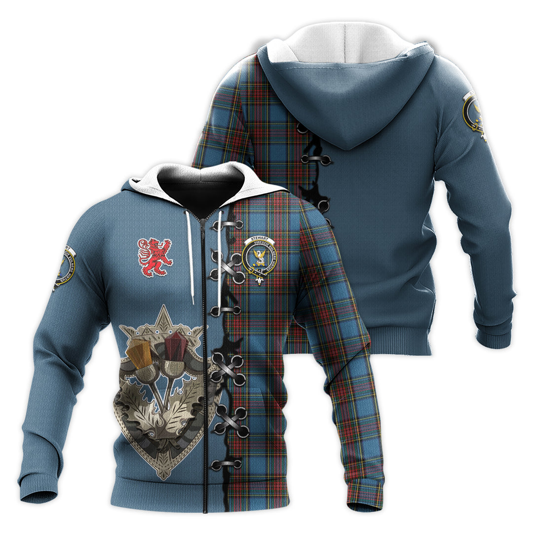 Printivon Stewart Royal Blue Tartan Hoodie Lion Rampant And Celtic Thistle Style