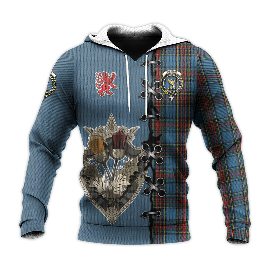 Printivon Stewart Royal Blue Tartan Hoodie Lion Rampant And Celtic Thistle Style
