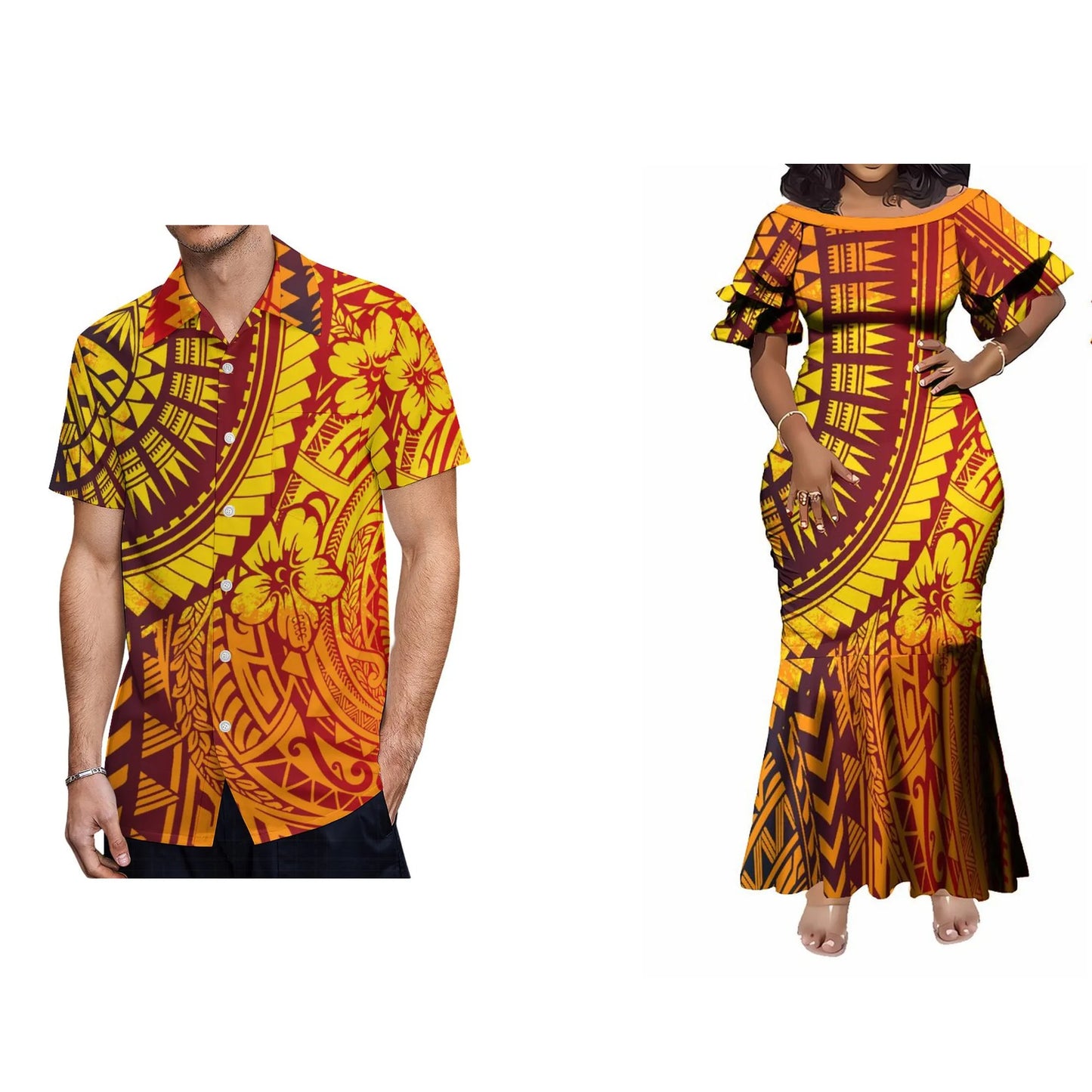 Polynesian Tribal Flowers Pattern Matching Outfit Women'S Short-Sleeved Mermaid Dress Men Hawaiian Shirt Couple Set