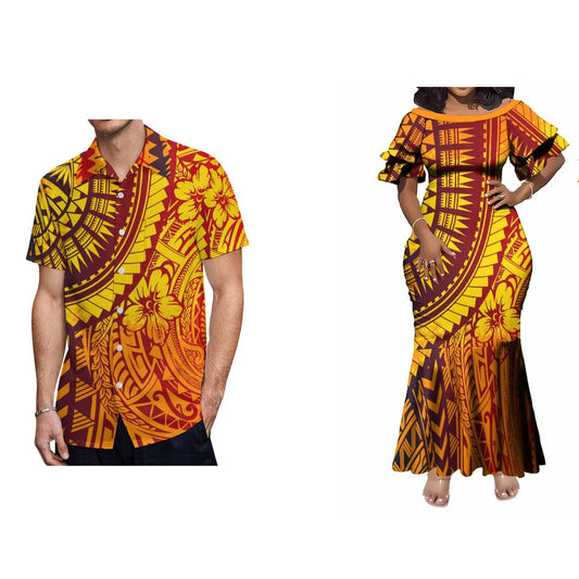 Polynesian Tribal Flowers Pattern Matching Outfit Women'S Short-Sleeved Mermaid Dress Men Hawaiian Shirt Couple Set