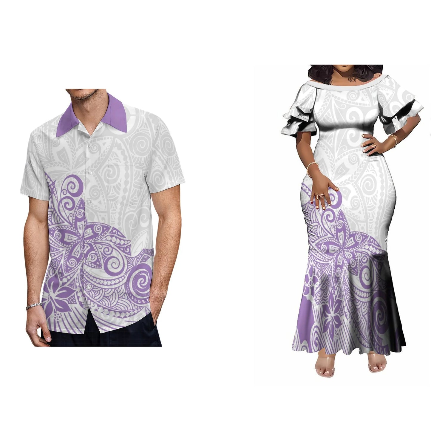 Polynesian Tribal Pattern Matching Outfit Women's Short-Sleeved Mermaid Dress Men Hawaiian Shirt Couple Set For Him Her