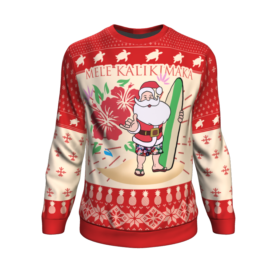 Hawaii Ugly Christmas Sweatshirt Mele Kalikimaka Santa Claus Beach