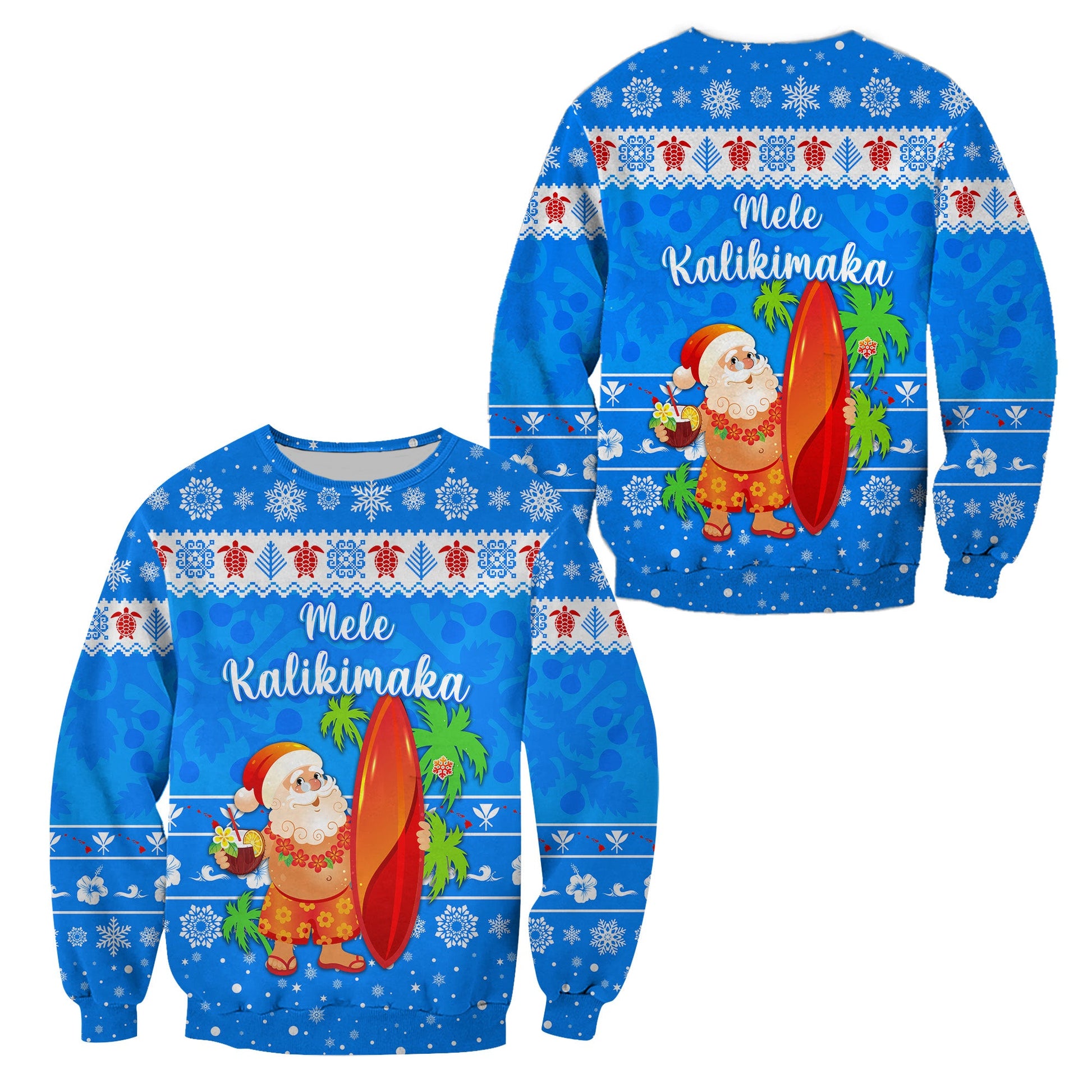 Hawaii Christmas Sweatshirt Santa Claus Surfing Simple Style Blue