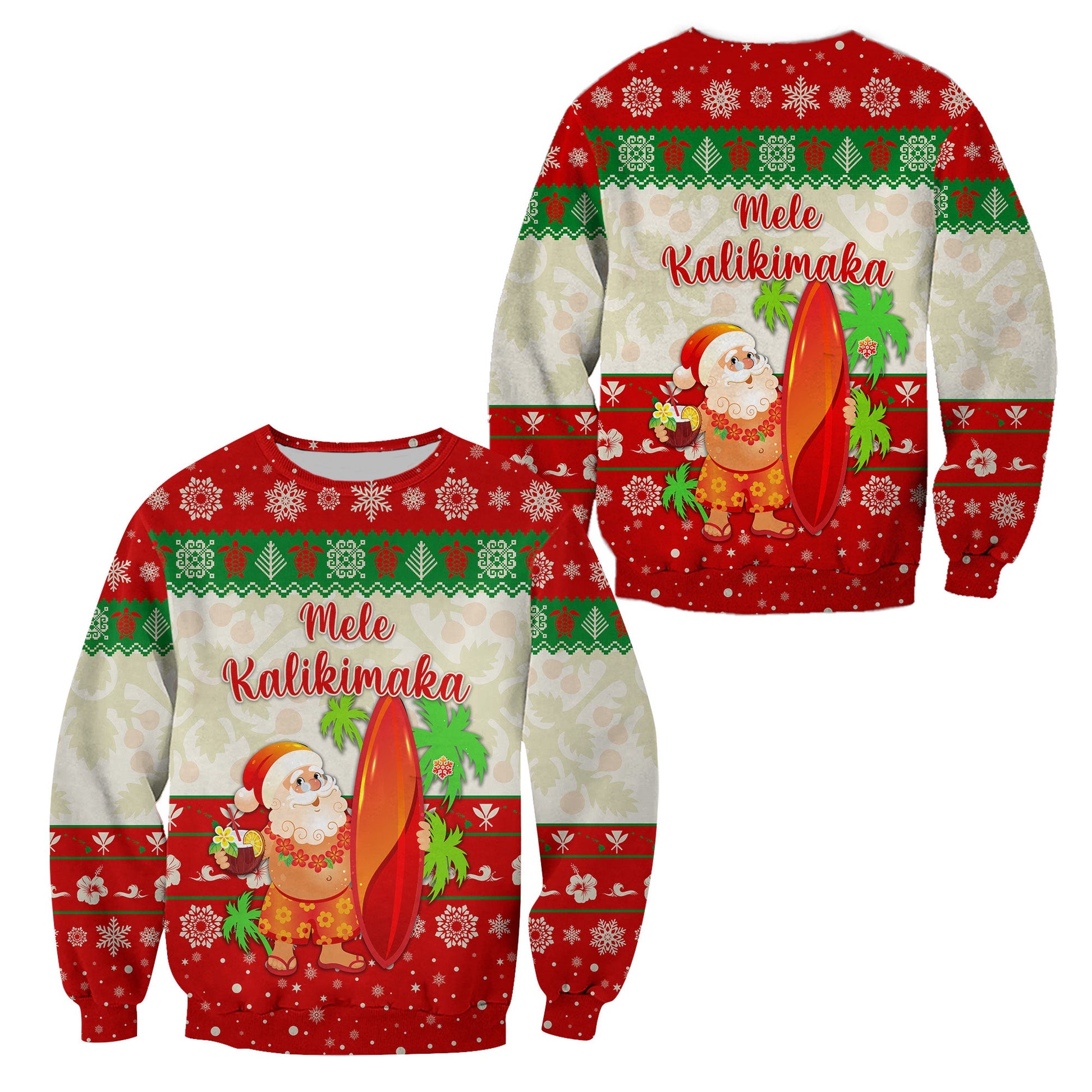 Hawaii Christmas Sweatshirt Santa Claus Surfing Simple Style Beige Red