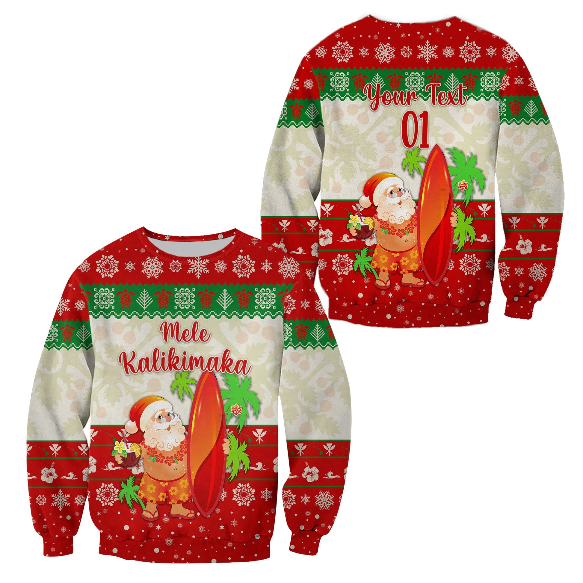 Custom Personalised Hawaii Christmas Sweatshirt Santa Claus Surfing Simple Style Beige Red
