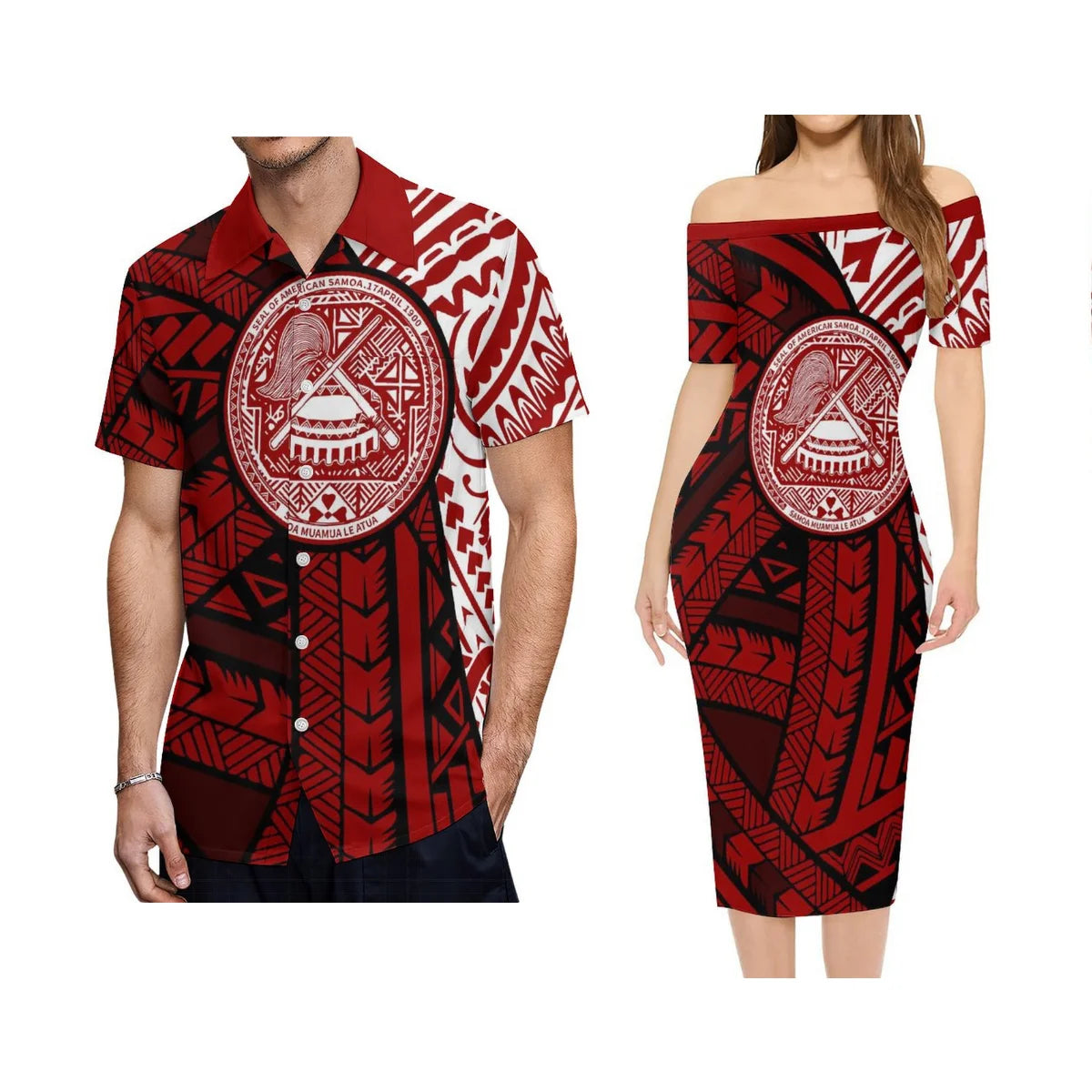 American Samoa Polynesian Tribal Flowers Pattern Outfit For Couple Island Off Shoulder Lady Short Sleeve Dress And Men's Hawaiian Shirt