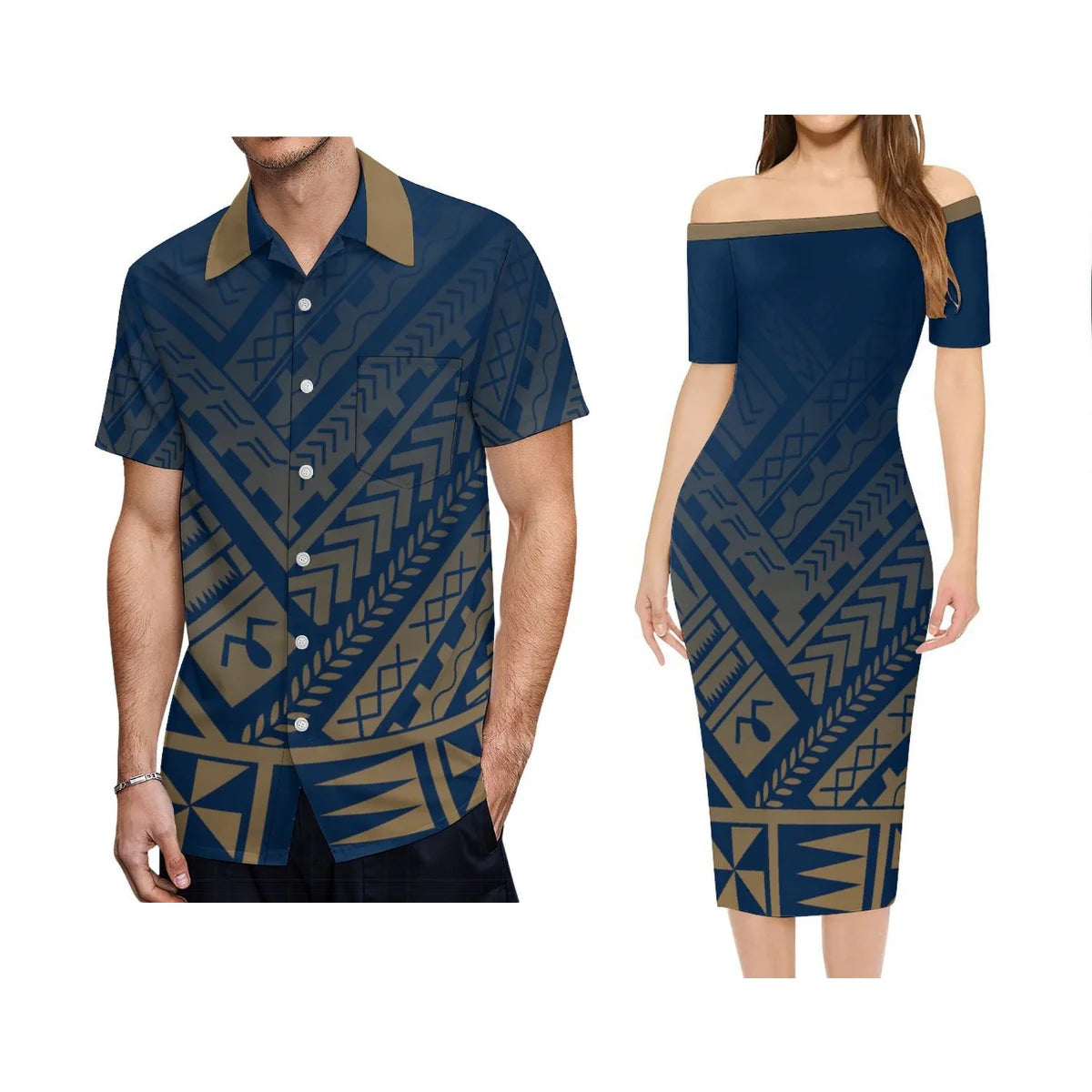 Polynesian Tribal Pattern Blue Outfit For Couple Island Off Shoulder Lady Short Sleeve Dress And Men's Hawaiian Shirt