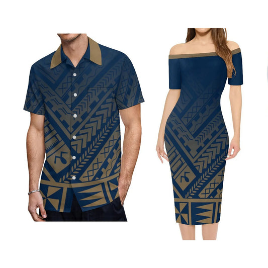 Polynesian Tribal Pattern Blue Outfit For Couple Island Off Shoulder Lady Short Sleeve Dress And Men's Hawaiian Shirt