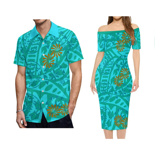 Polynesian Tribal Flowers Pattern Outfit For Couple Island Off Shoulder Lady Short Sleeve Dress And Men's Hawaiian Shirt