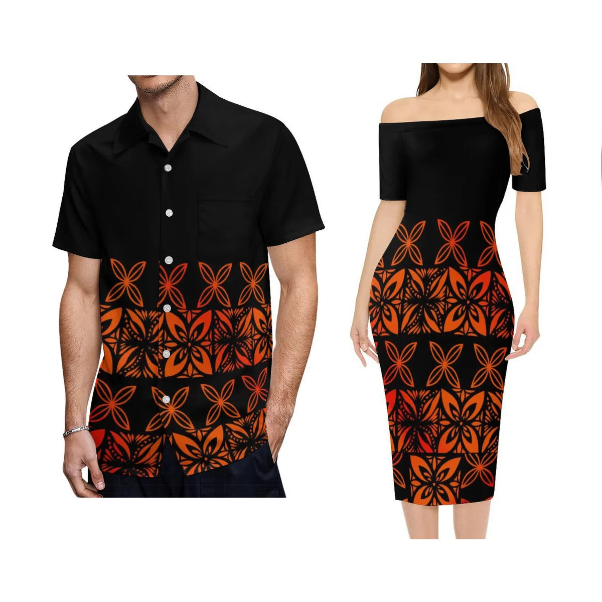 Polynesian Tribal Pattern Black Outfit For Couple Half Style Off Shoulder Lady Short Sleeve Dress And Men's Hawaiian Shirt