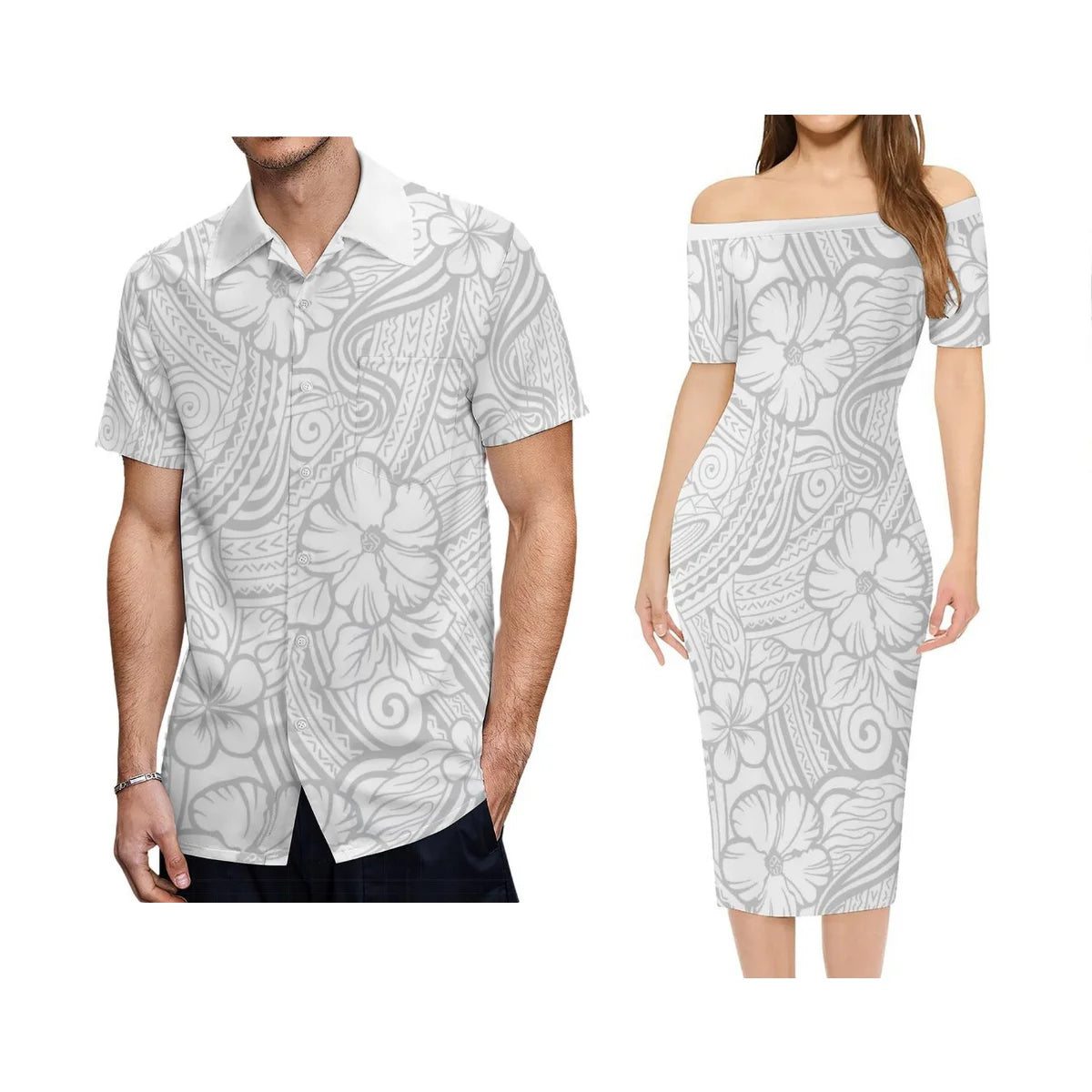 Polynesian Hibiscus Flowers Pattern White Outfit For Couple Off Shoulder Lady Short Sleeve Dress And Men's Hawaiian Shirt