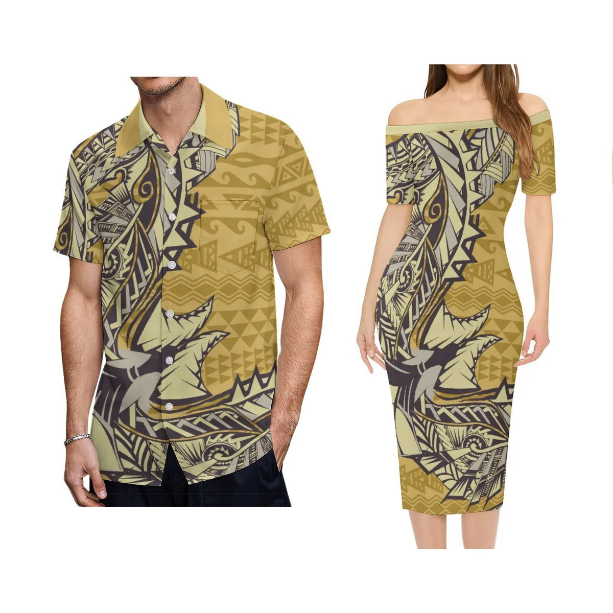 Polynesian Tribal Pattern Yellow Outfit For Couple Off Shoulder Lady Short Sleeve Dress And Men's Hawaiian Shirt