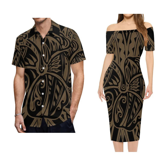 Polynesian Tribal Pattern Flowers Black Outfit For Couple Polynesian Island Off Shoulder Lady Short Sleeve Dress And Men's Hawaiian Shirt For Her Him