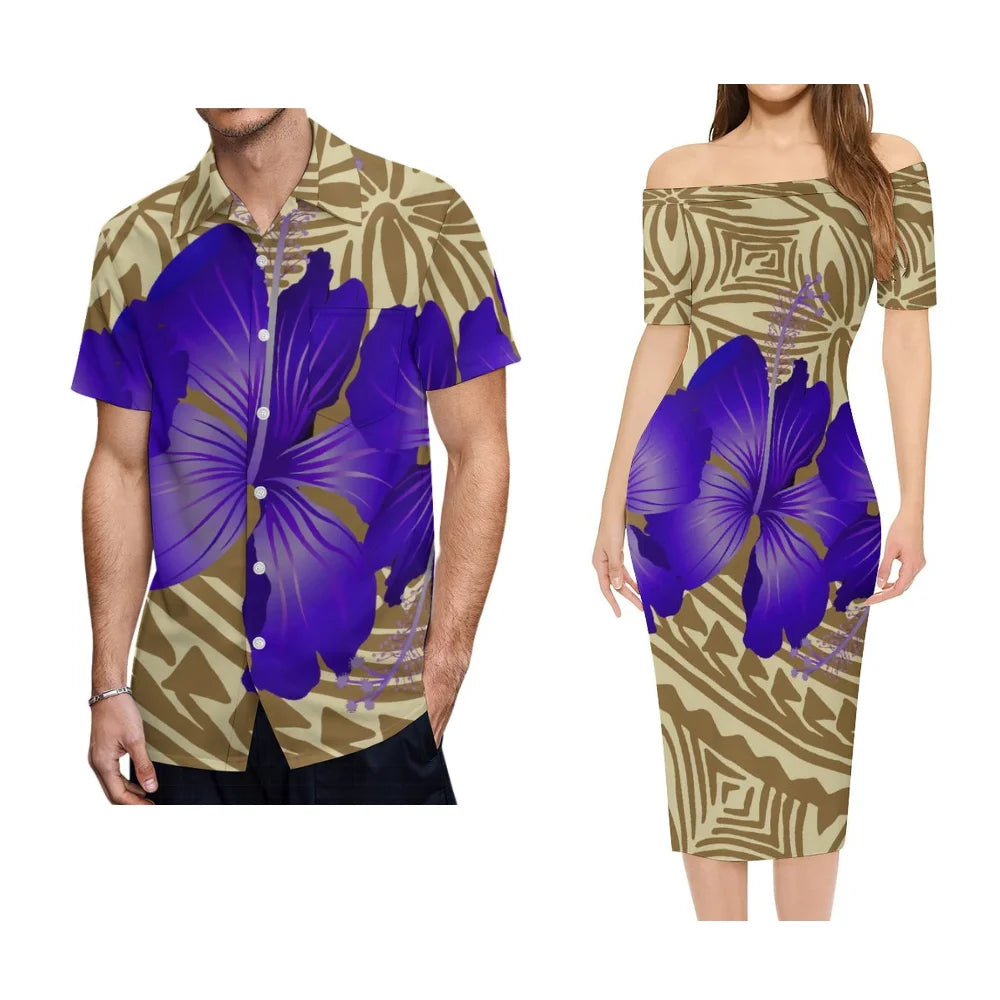 Hawaiian Floral Print Outfit For Couple Polynesian Tribal Off Shoulder Lady Short Sleeve Dress And Men's Hawaiian Shirt For Her Him