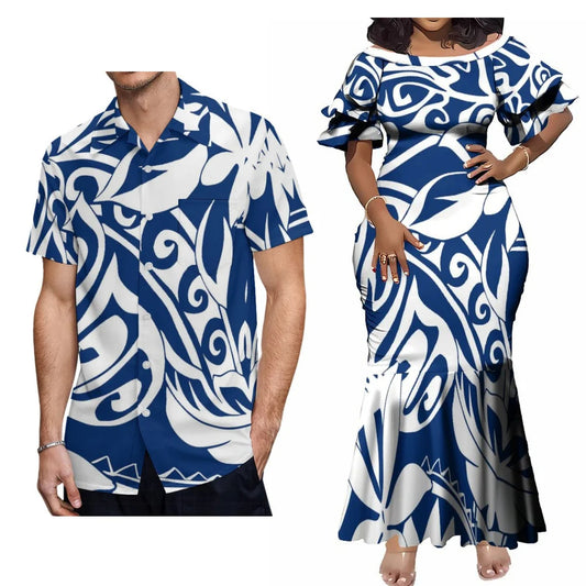 Polynesian Pattern Blue Party Fishtail Skirt Dress And Shirt Polynesian Tribal Island Matching Outfit For Couple