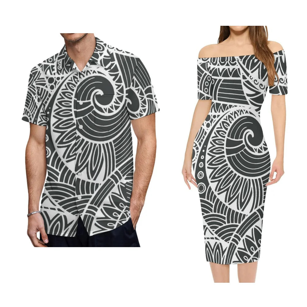 Polynesian Tribal Pattern Tropical Outfit For Couple Curve Style Polynesian Island Off Shoulder Lady Short Sleeve Dress And Men's Hawaiian Shirt