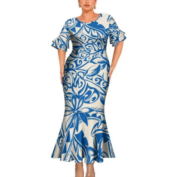 Blue Flowers Polynesian Tribal Pattern Couple Clothing Tropical Fishtail Dress And Hawaiian Shirt Matching Outfit For Her Him