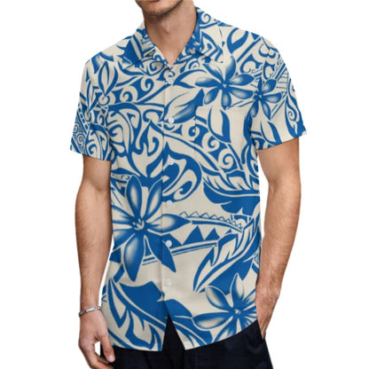 Blue Flowers Polynesian Tribal Pattern Couple Clothing Tropical Fishtail Dress And Hawaiian Shirt Matching Outfit For Her Him