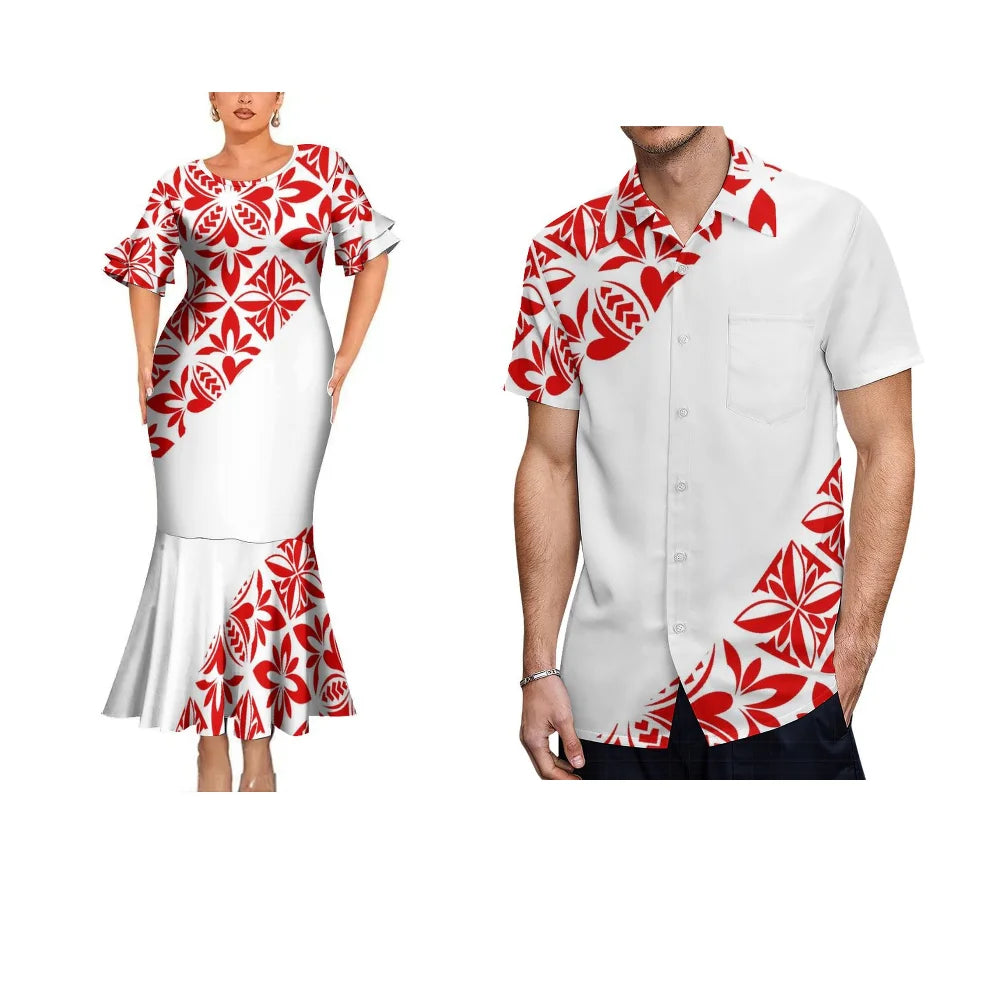 Polynesian Tribal Geometric White Matching Outfit For Her Him Fishtail Skirt Dress And Hawaiian Shirt Couple Set