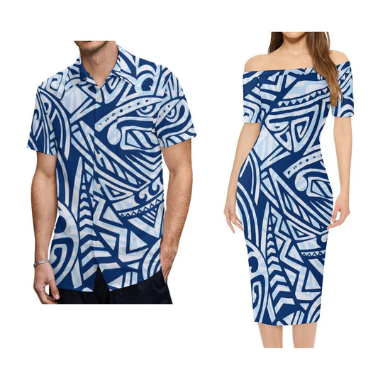 Polynesian Tribal Pattern Blue Tropical Outfit For Couple Polynesian Island Off Shoulder Lady Short Sleeve Dress And Men's Hawaiian Shirt For Her Him