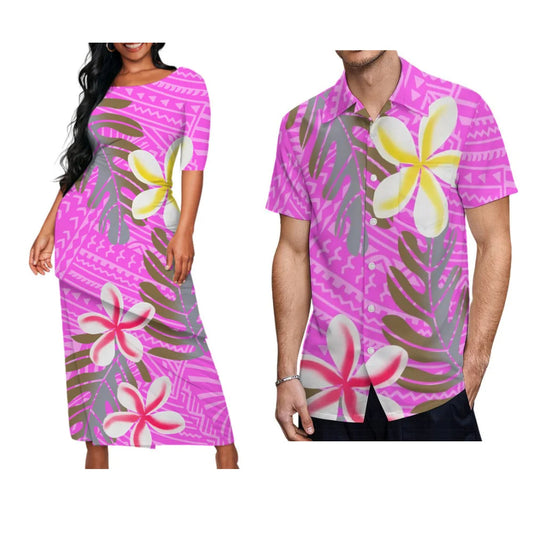 Plumeria Flowers Polynesian Island Pink Matching Outfit For Couple Women Puletasi Men's Shirt For Him Her