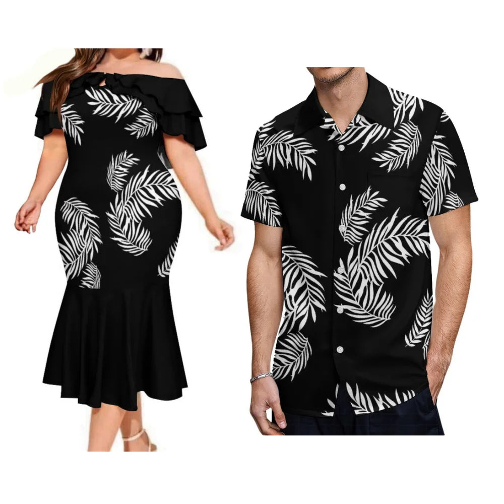 Island Leaf Pattern Style Black Couple Suit Matching Outfit For Couple Polynesian Dress And Shirt Outfit Set