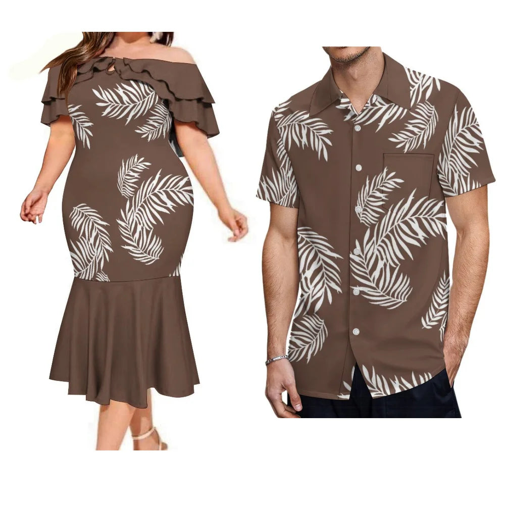 Island Leaf Pattern Style Brown Couple Suit Matching Outfit For Couple Polynesian Dress And Shirt Outfit Set