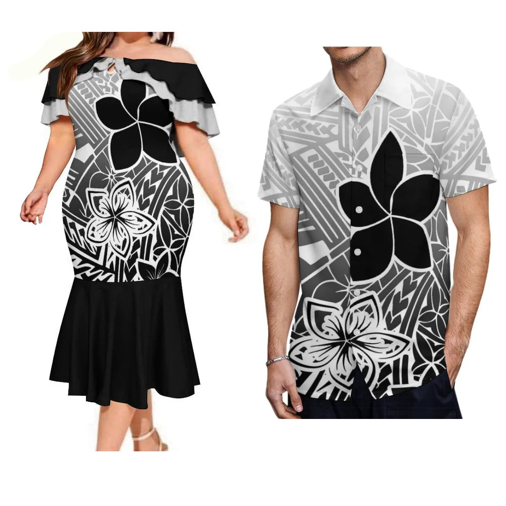 Island Tropical Flowers Pattern Style Black Couple Suit Matching Outfit For Couple Polynesian Dress And Shirt Outfit Set