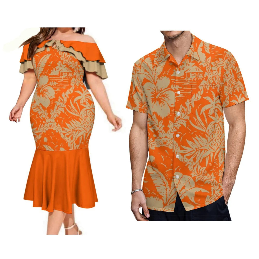 Island Flowers Pattern Style Orange Couple Suit Matching Outfit For Couple Polynesian Dress And Shirt Outfit Set