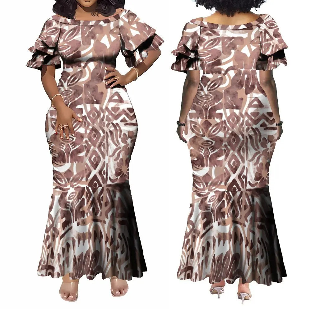 Vintage Polynesian Traditional Printed Island Flowers Pattern Fishtail Dress And Hawaiian Shirt Matching Outfit For Couple Set For Him Her
