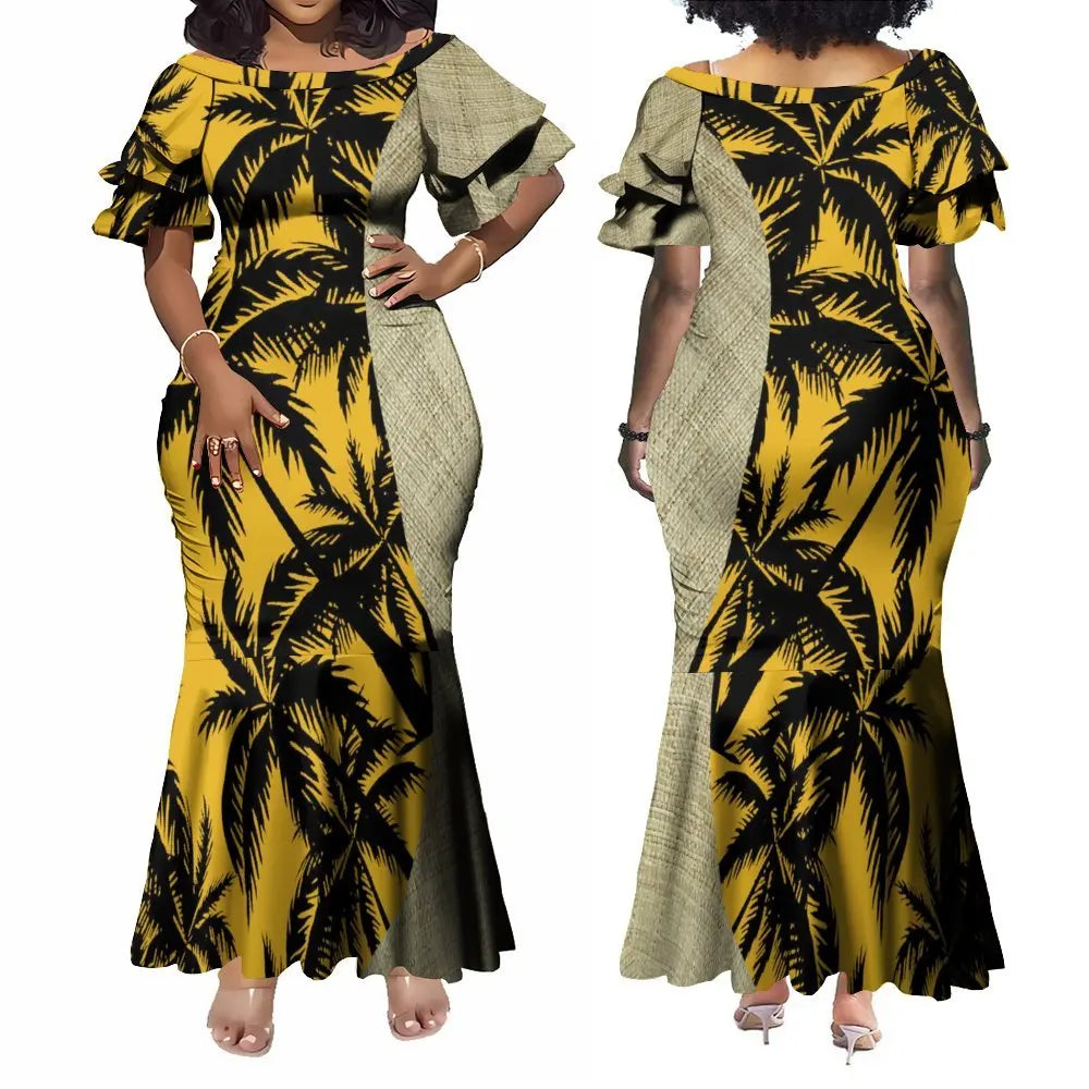 Polynesian Traditional Printed Island Coconut Tree Fishtail Dress And Hawaiian Shirt Matching Outfit For Couple Set