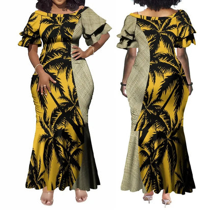 Polynesian Traditional Printed Island Coconut Tree Fishtail Dress And Hawaiian Shirt Matching Outfit For Couple Set