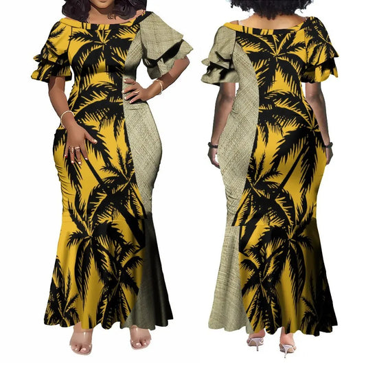 Polynesian Traditional Printed Island Coconut Tree Fishtail Dress And Hawaiian Shirt Matching Outfit For Couple Set