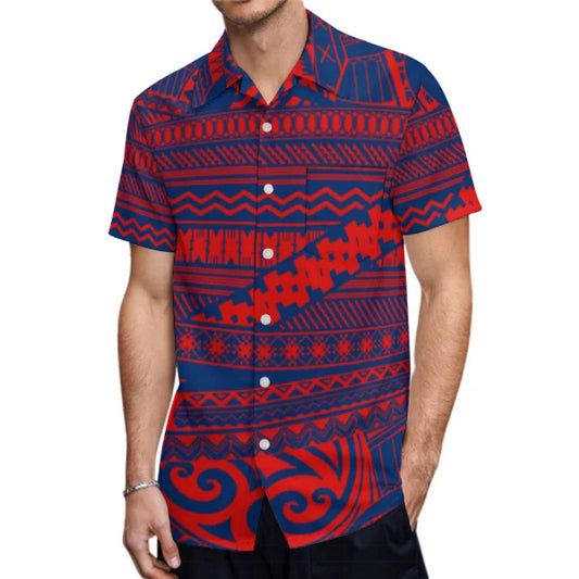 Polynesian Traditional Printed Island Red Pattern Fishtail Dress And Hawaiian Shirt Matching Outfit For Couple Set For Him Her