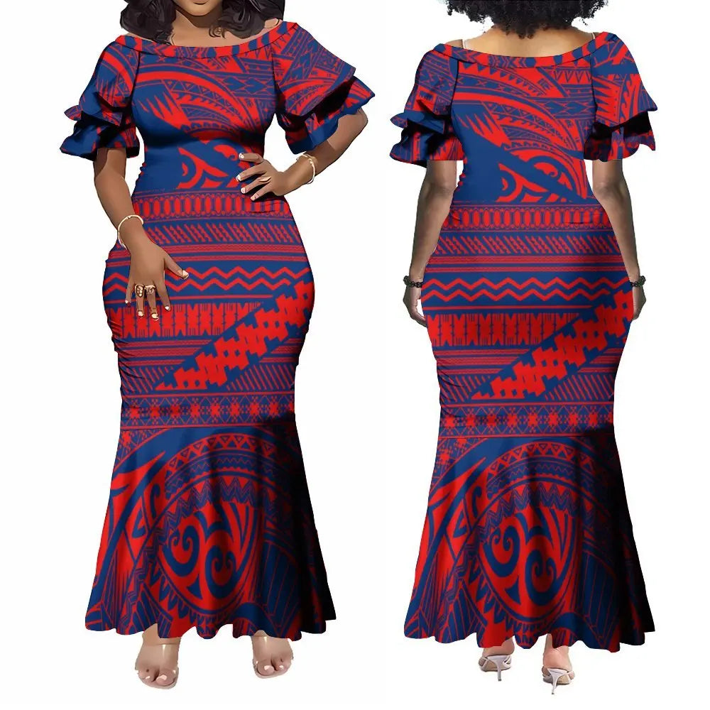Polynesian Traditional Printed Island Red Pattern Fishtail Dress And Hawaiian Shirt Matching Outfit For Couple Set For Him Her