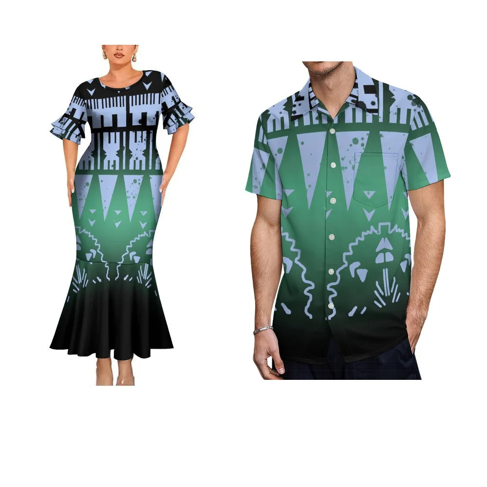 Polynesian Tribal Vintage Matching Outfit For Her Him Fishtail Skirt Dress And Hawaiian Shirt Couple Set