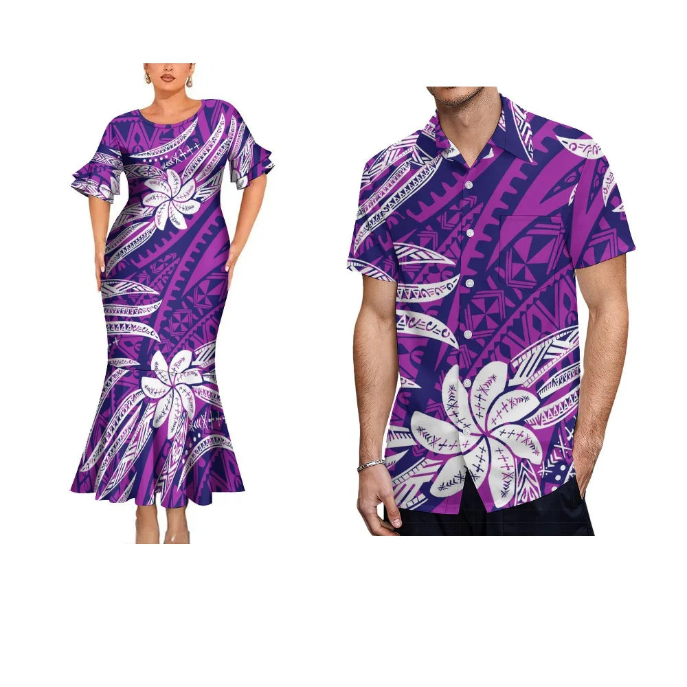 Polynesian Tribal Flowers Purple Matching Outfit For Her Him Fishtail Skirt Dress And Hawaiian Shirt Couple Set